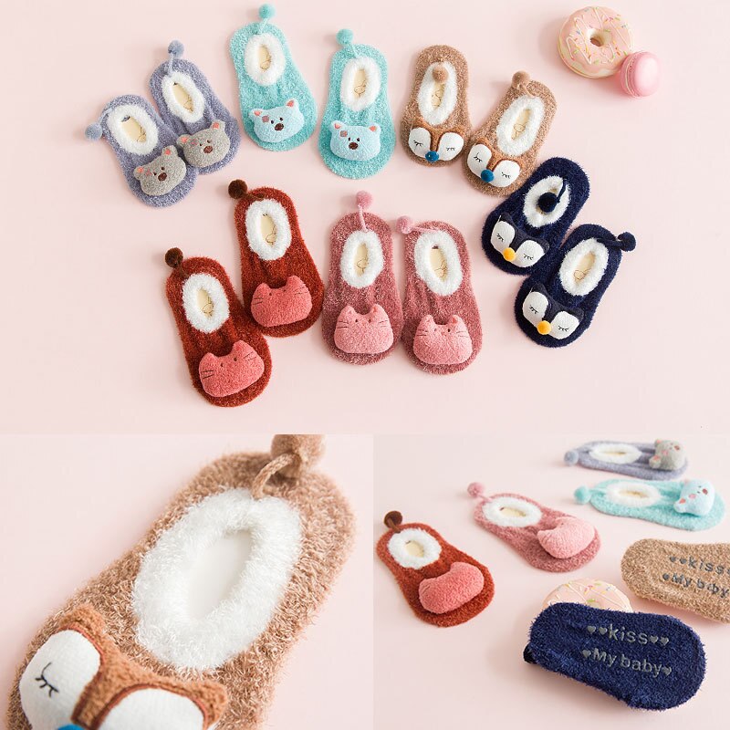 New Warm floor socks Non-slip coral velvet cartoon embroidery baby socks